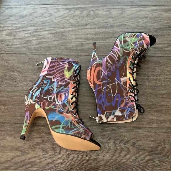 NWT BURJU Sofiya graphic multi color Open Toe Lace Up Ankle Boots | 6 1/2 - Picture 3 of 12